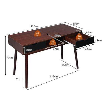 Computer Desk, Wooden PC Laptop Table Writing Workstation with 2 Drawers, Walnut+Black