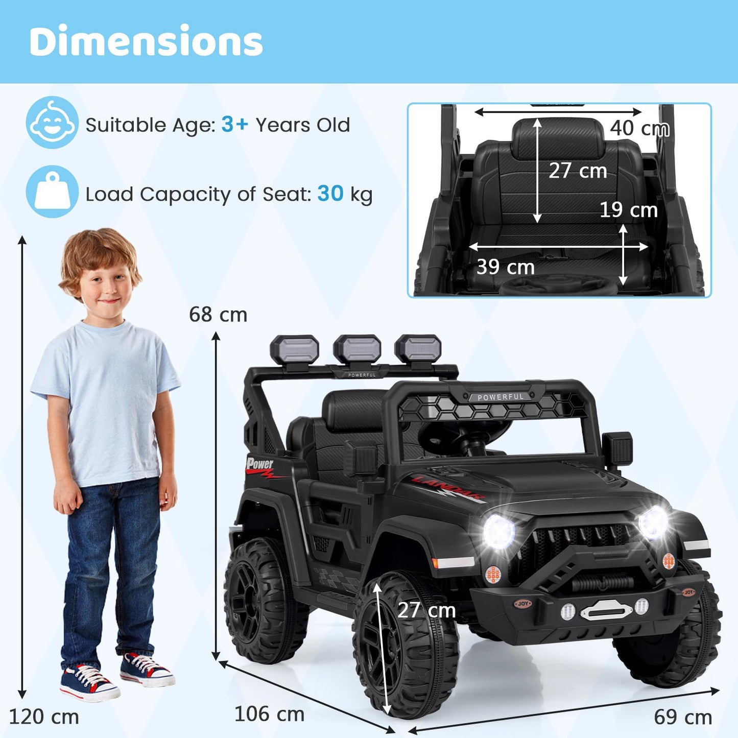 12V Kids Electric Ride on Truck, Battery-powered Off-road Car with Remote Control, Children Vehicle Toys for Age 3+