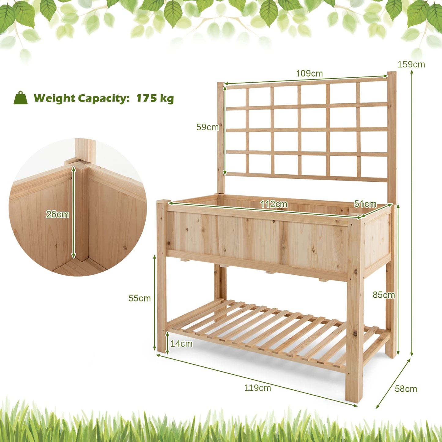 GiantexUK Raised Garden Bed with Trellis, Wood Elevated Planter Box with Liner for Vegetables Herbs Vines Flowers(119x58x159cm, without Wheels)