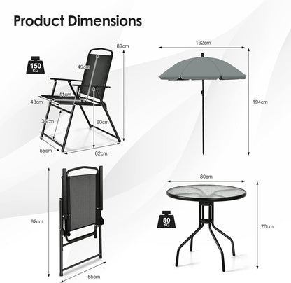 GiantexUK 6 Piece Garden Dining Set, Metal Frame Patio Bistro Set with Tempered Glass Table, 4 Folding Chairs & Parasol Umbrella