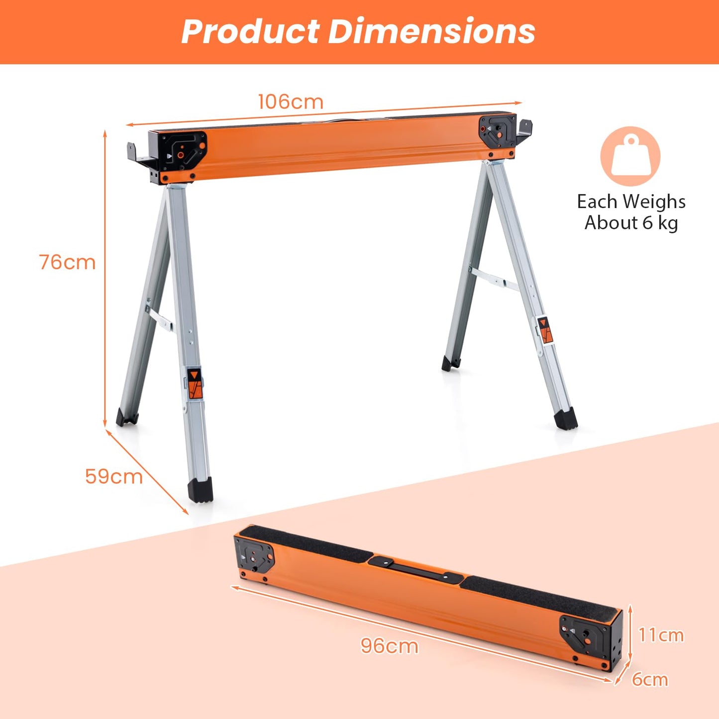 GiantexUK 2PCS Folding Sawhorses, 1000KG Twin Pack Workbench with Support Arms