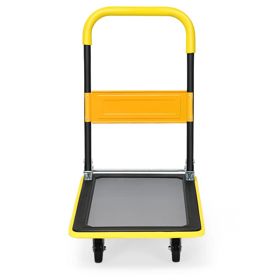 GiantexUK Folding Hand Sack Truck, 150KG Capacity Heavy Duty Platform Trolley with Wheels & Handle(73x49x83cm, 150KG, Yellow+Black)