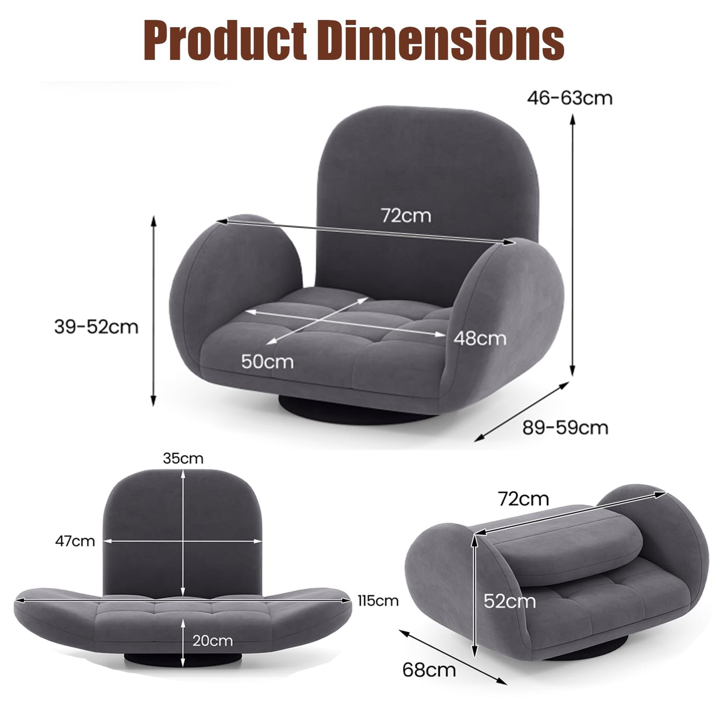 Folding Floor Chair, Lazy Sofa Bed Chair Seat with Adjustable Backrest & Armrests