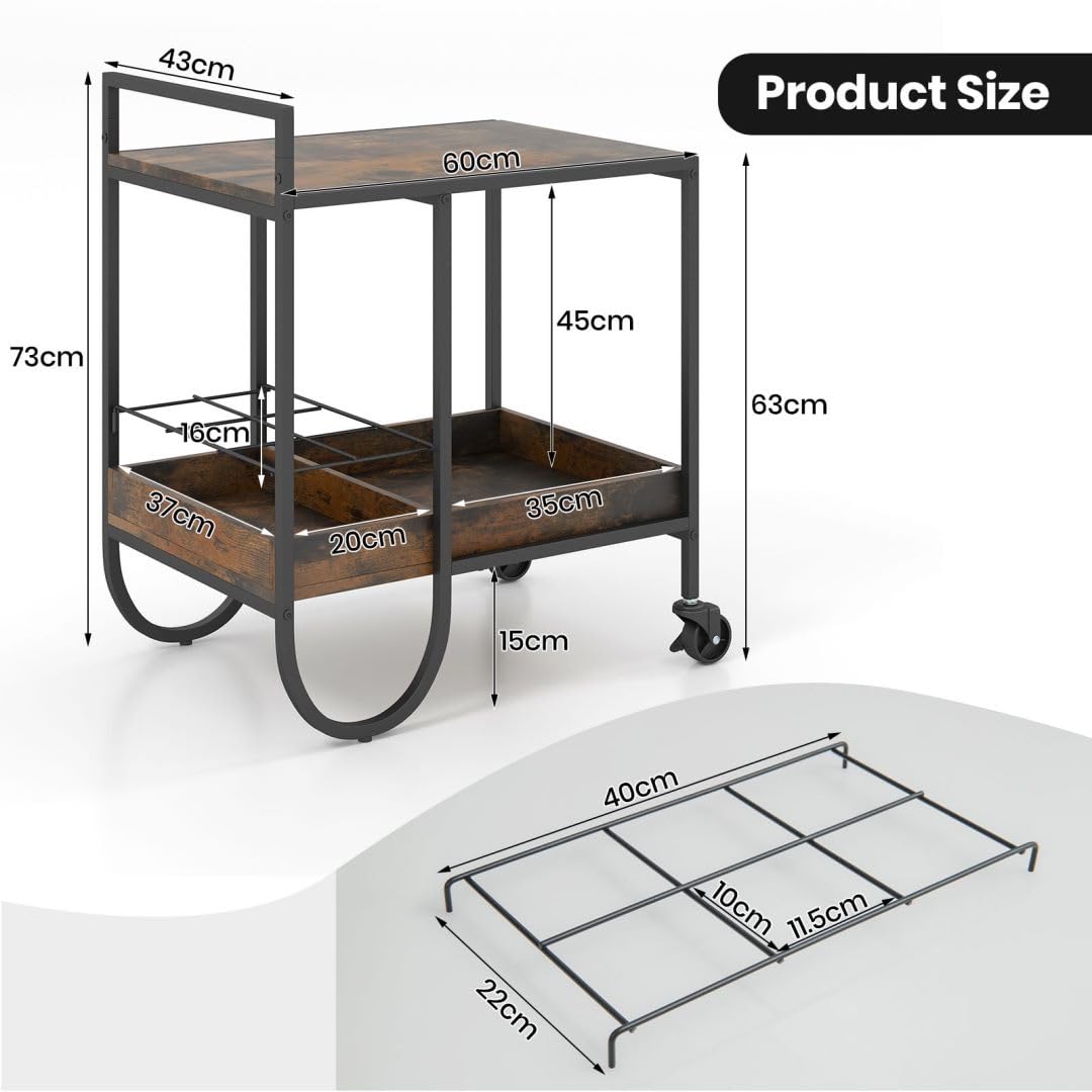 GiantexUK Kitchen Serving Trolley on Wheels, Mobile Storage Organizer Cart with Detachable Wine Rack & Adjustable Foot Pads