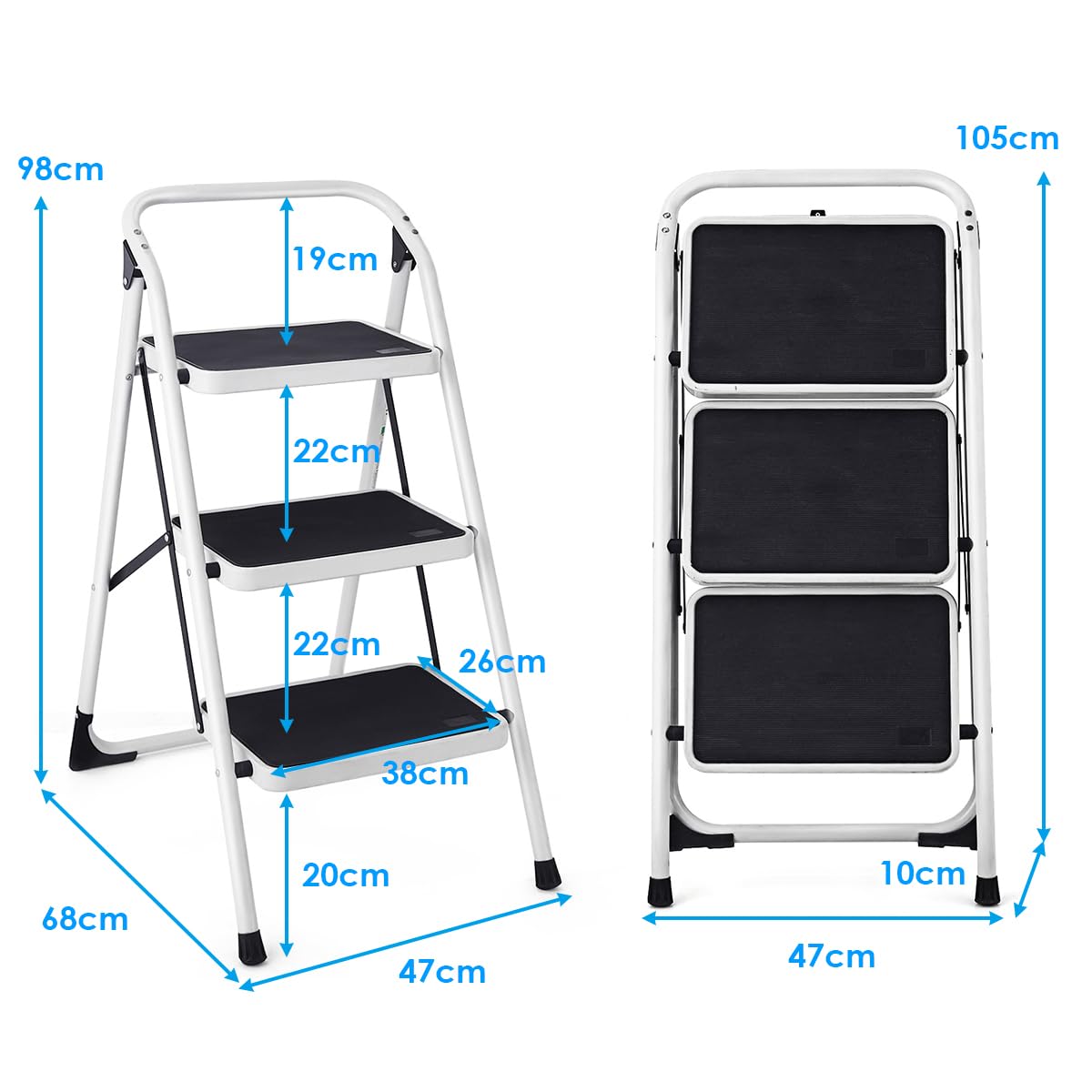 GiantexUK Folding 3 Step Ladder, Steel Stepladder with Anti-Slip Pedal & Reinforced Crossbar (3 Step, 47x68x98cm)