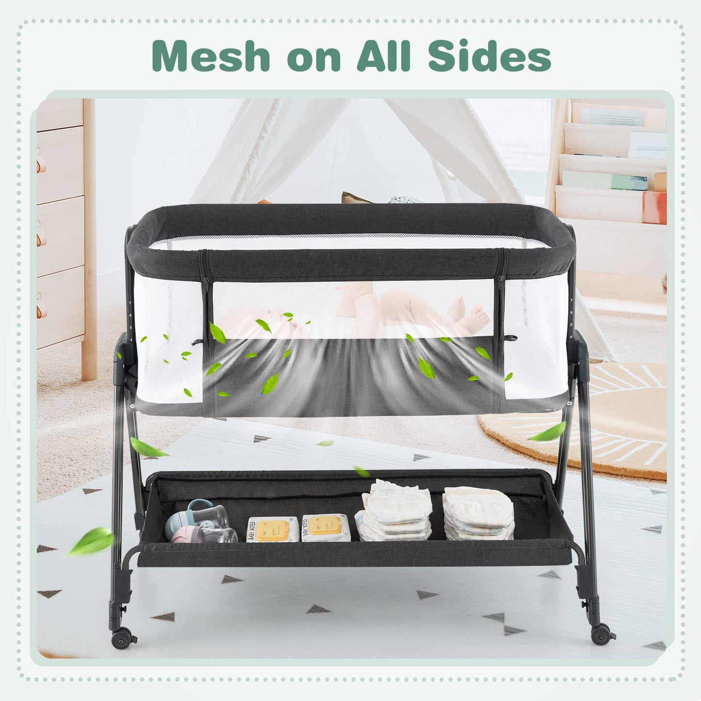 Baby Bedside Crib, Easy Folding Cot Bed with Mattress, All-Side Mesh, Storage Shelf and Travel Bag