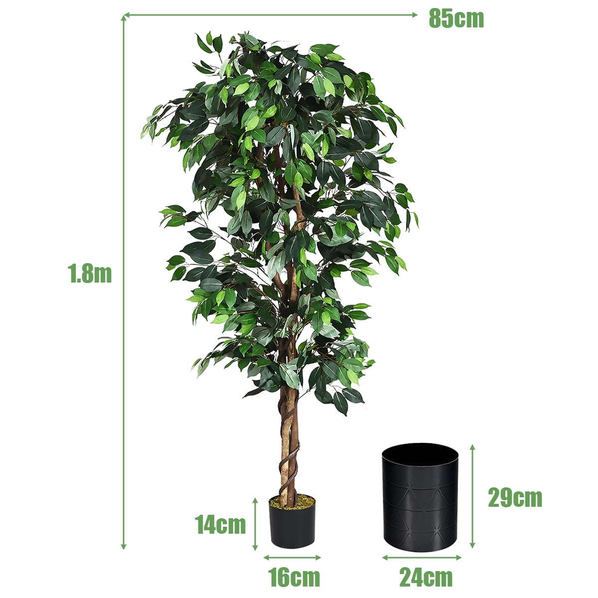 GiantexUK 6FT Artificial Ficus Tree, Tall Fake Plant with Lifelike Leaves & Plastic Pot