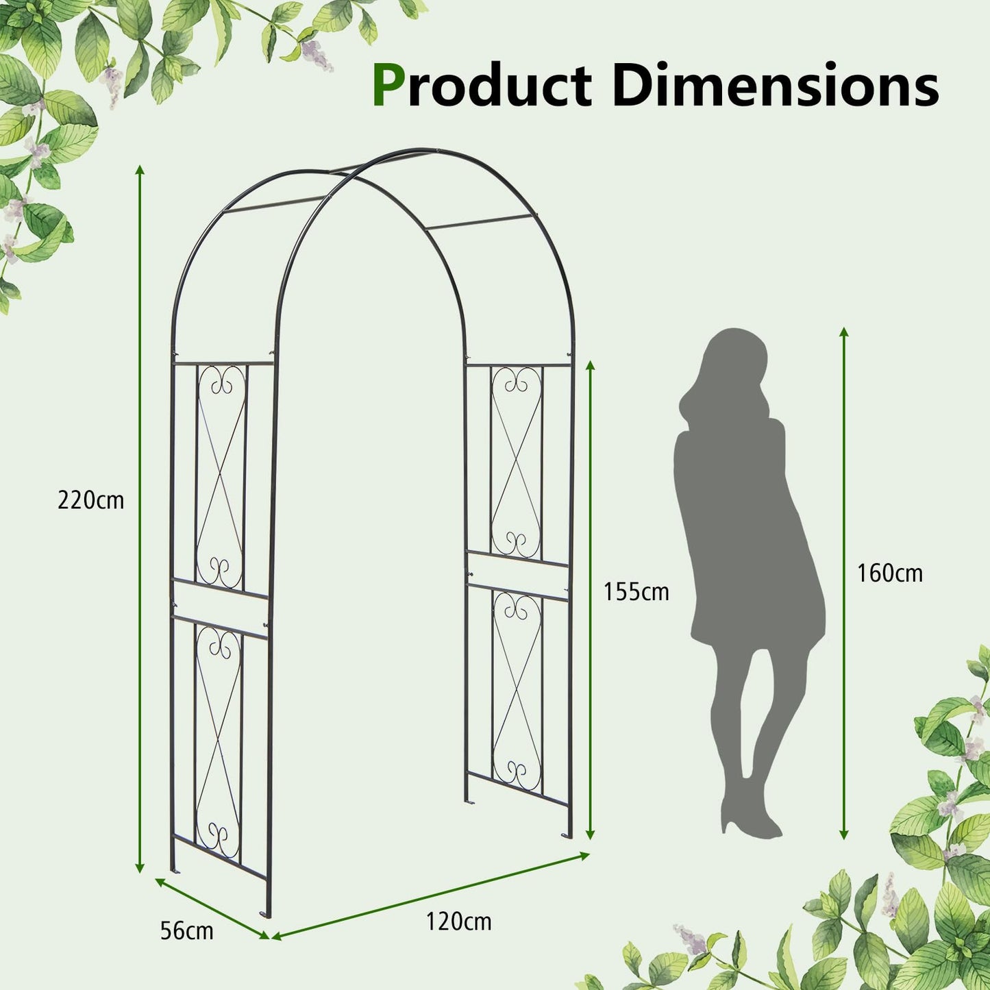 GiantexUK Metal Garden Arch, Heavy Duty Trellis Pergola Arbour with 4 Ground Stake(120x56x220cm, Curved Patterns)