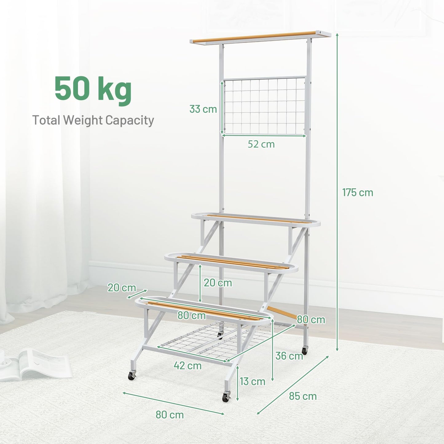 4-Tier Hanging Plant Shelf, Ladder Flower Pot Organizer Storage Rack with Wheels, Hanging Bar and Trellis