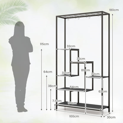 6-tier Tall Plant Stand, 180cm Metal Indoor Flower Pots Rack with 10 Hanging Hooks