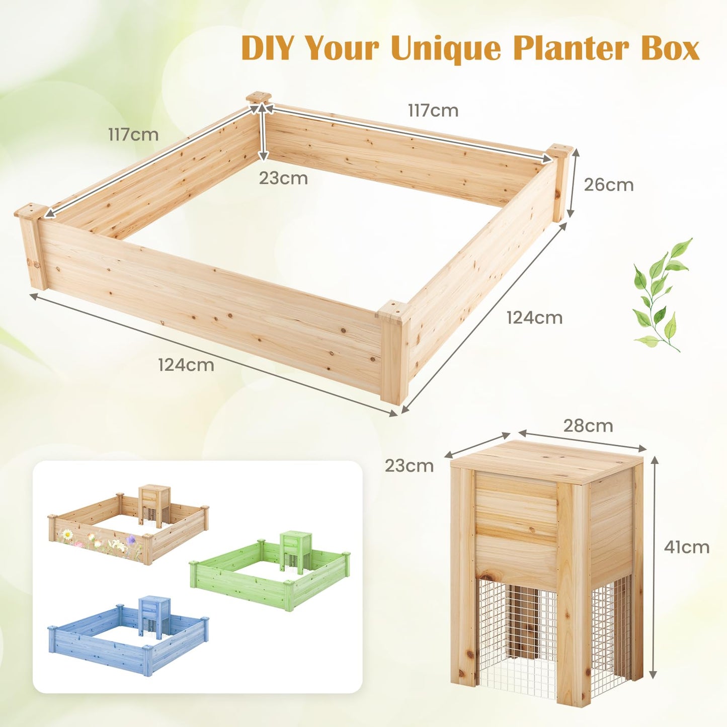 GiantexUK 300L Raised Garden Bed, Wooden Garden Planter Box with Compost Bin & Open Bottom, 124 x 124 x 26cm