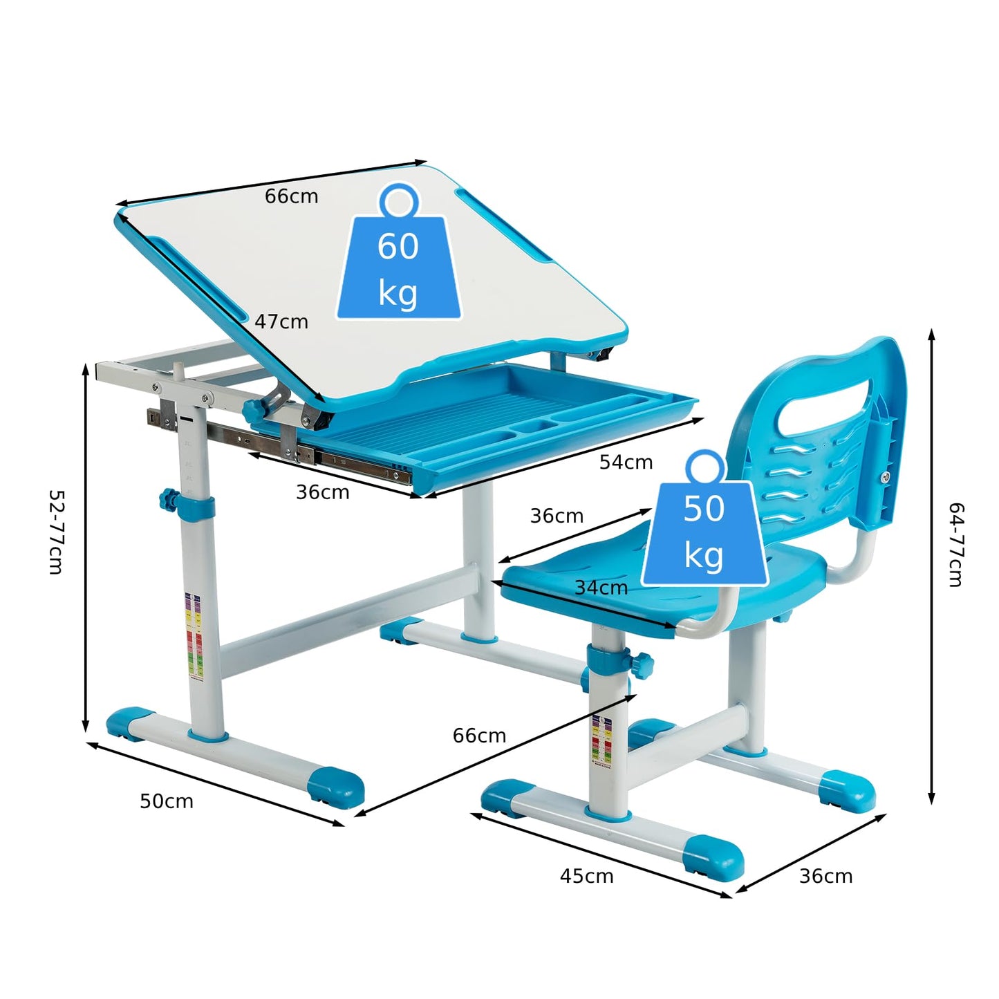 Kids Desk and Chair Set, Height Adjustable Study Table with Tilted Desktop, Drawer and Pen Slot