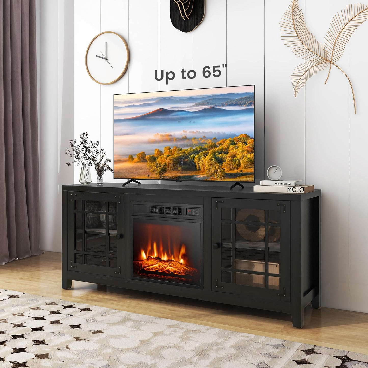 GiantexUK Electric Fireplace Insert TV Stand, Double Glass Door Living Room Console Entertainment Center with 19'' Electric Fir