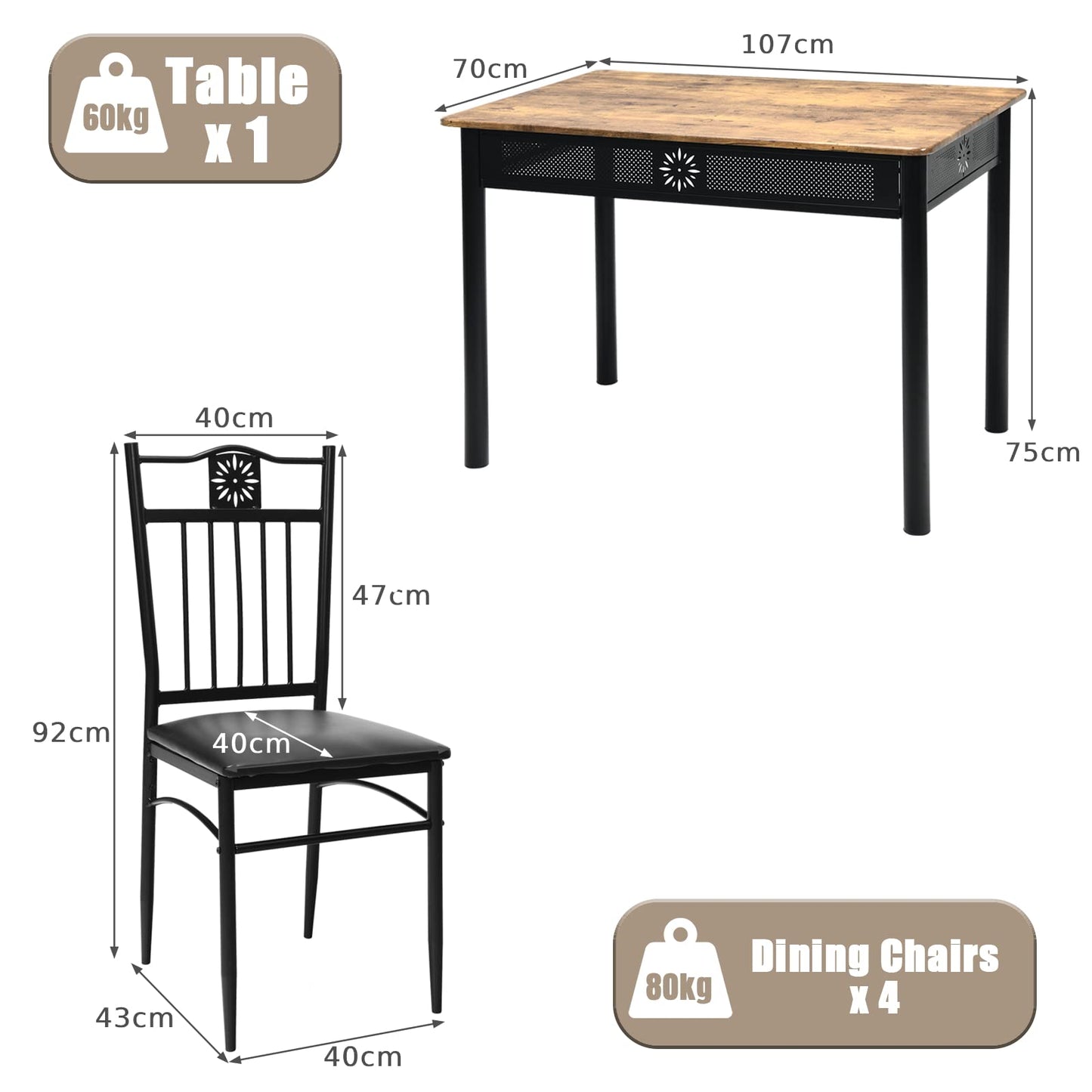 GiantexUK 5 Pieces Dining Table Set, Steel Frame Wooden Table and 4 High Back Chairs