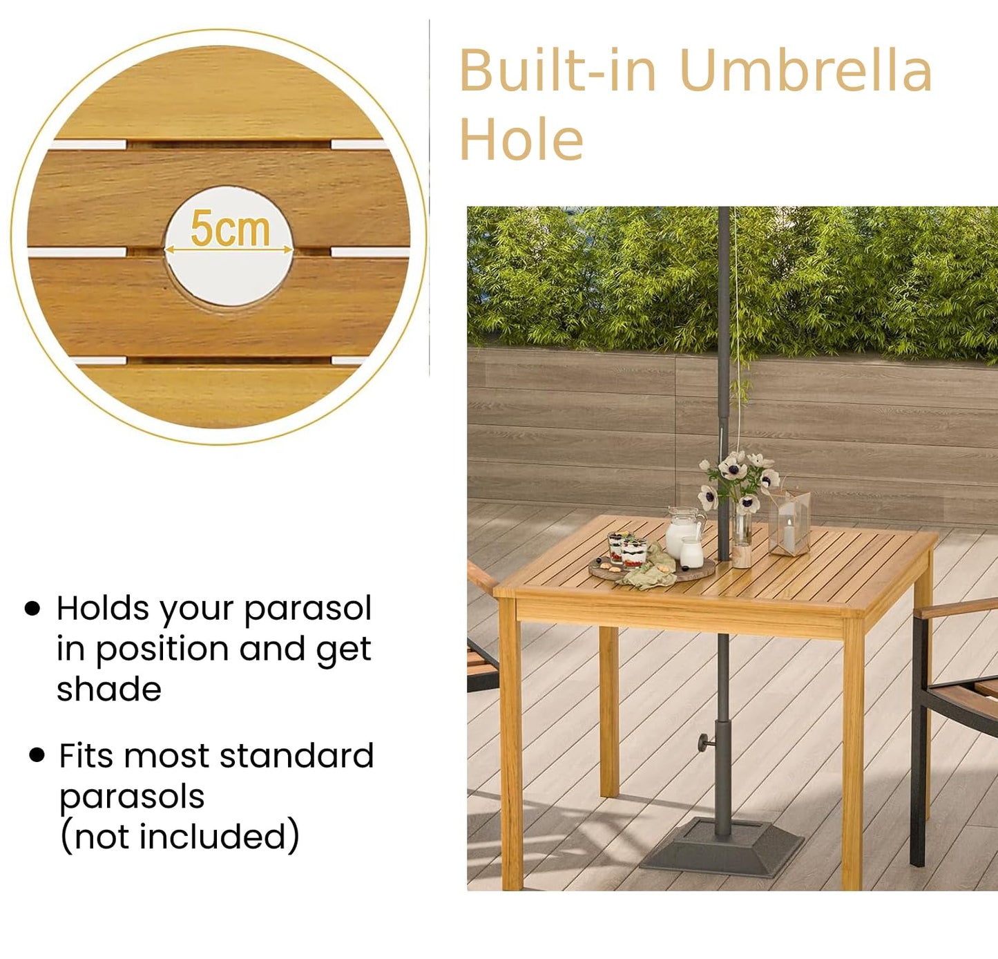 GiantexUK Garden Dining Table, All-weather Acacia Wood Bistro Table with Umbrella Hole