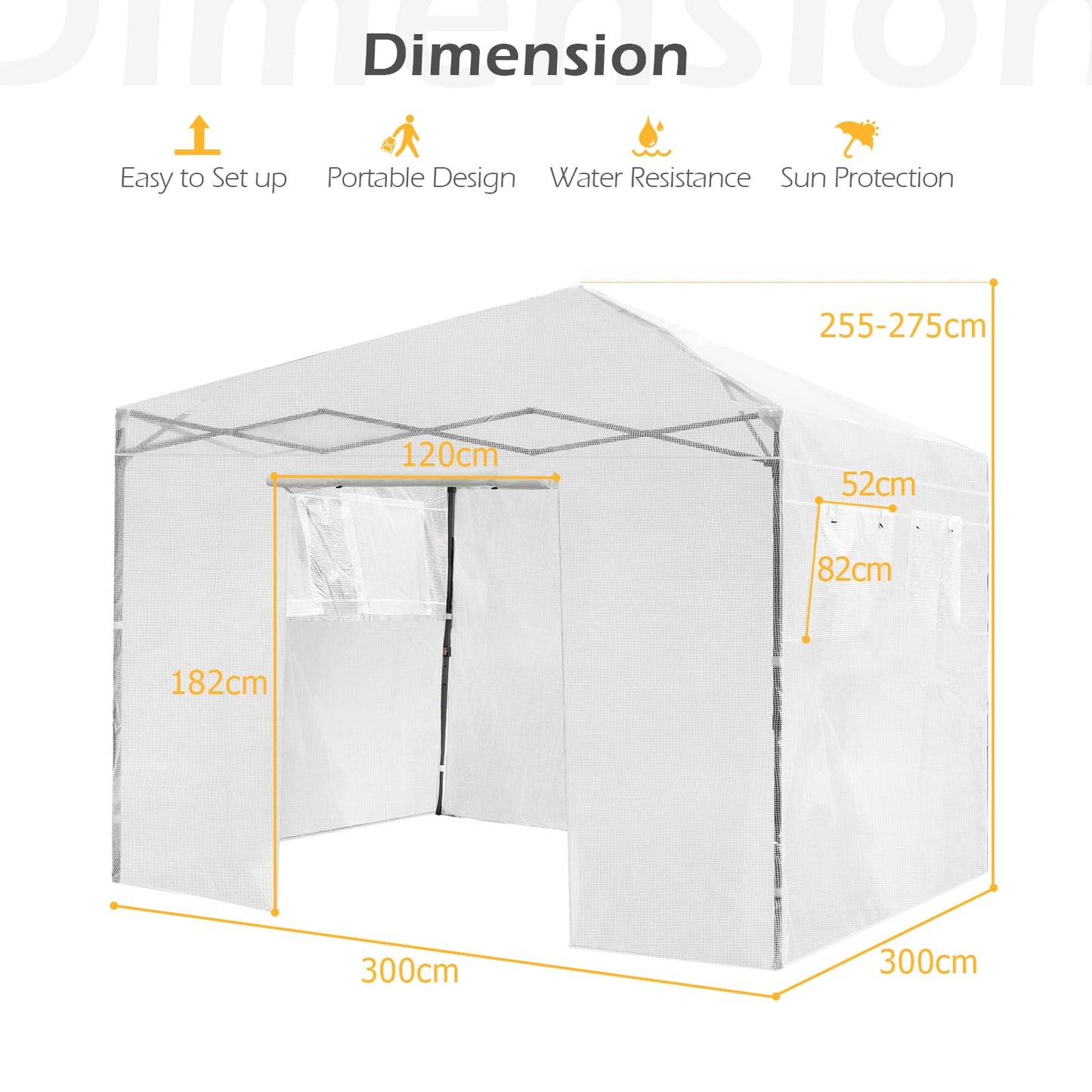 GiantexUK Walk In Greenhouse, Height Adjustable Pop-up Growhouse with PE Cover (300x300x255-275cm,4 Windows, White)