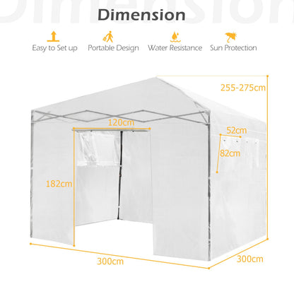 GiantexUK Walk In Greenhouse, Height Adjustable Pop-up Growhouse with PE Cover (300x300x255-275cm,4 Windows, White)