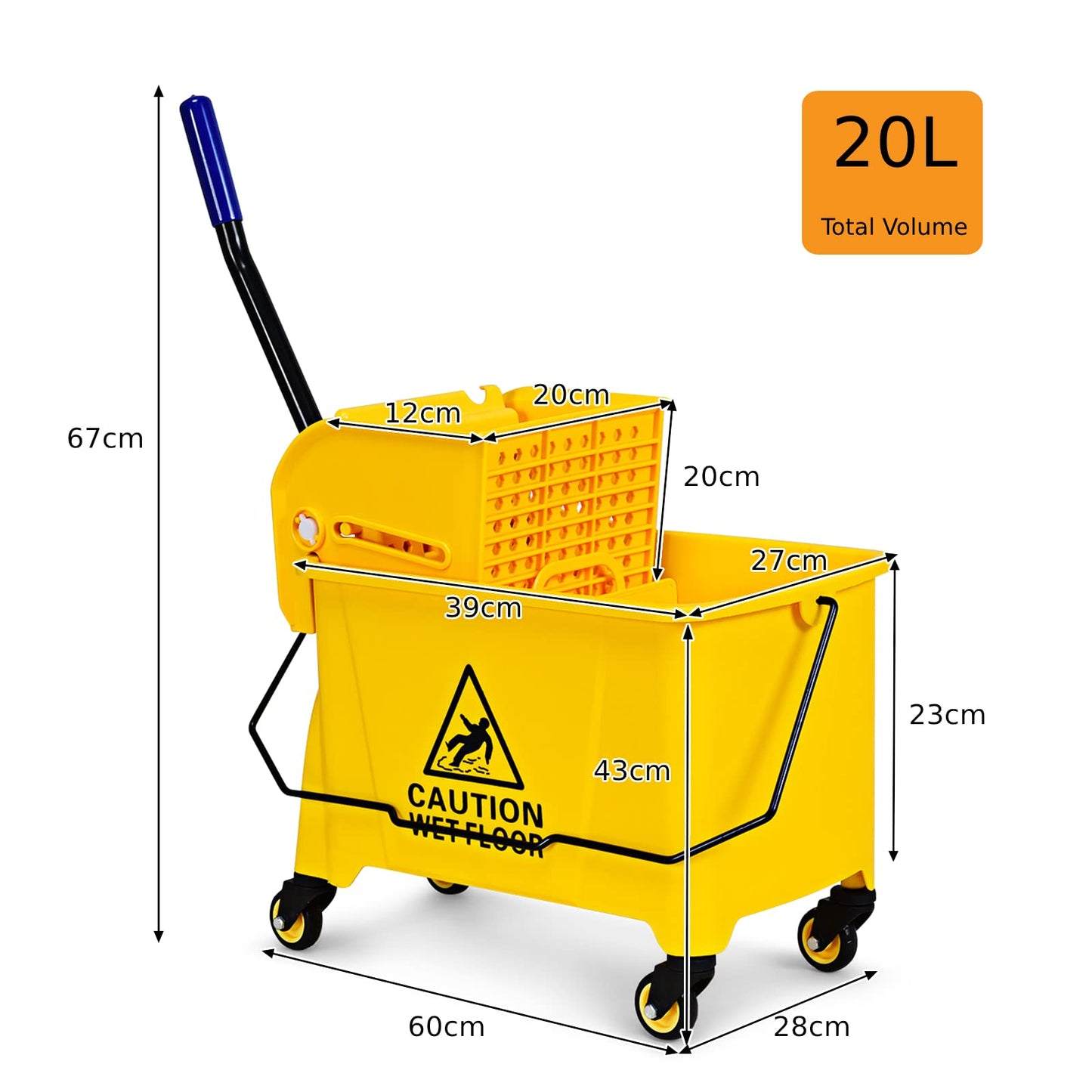 GiantexUK 20L Mop Bucket and Wringer, Mobile Cleaning Floor Cart with Metal Handle, Mopping Buckets for Household & Commercial Use (20L, 28 x 60 x 67cm)