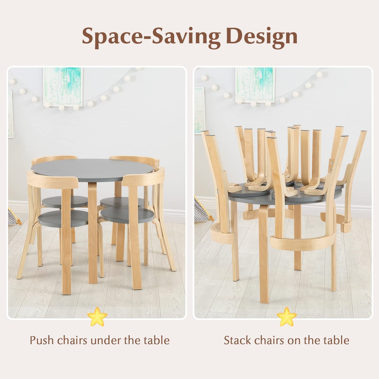 5-Piece Kids Table and Chair Set, Children Wooden Activity Table with 4 Curved Back Chairs