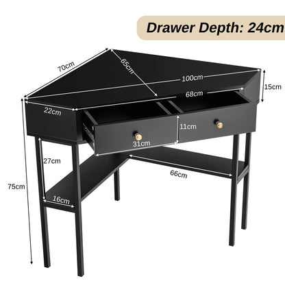 Corner Computer Desk, Triangle PC Laptop Table with 2 Drawer and Storage Shelves