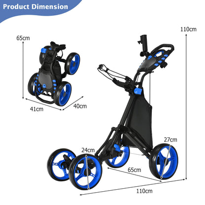 4 Wheel Golf Trolley, Lightweight Folding Golfs Push Pull Cart with Adjustable Height Handle, Umbrella Stand, Cup Holder and Foot Brake