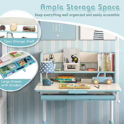 Kids Desk, Height Adjustable Children School Study Table with 7-Level Tiltable Desktop, Bookshelf & Pull-Out Drawer