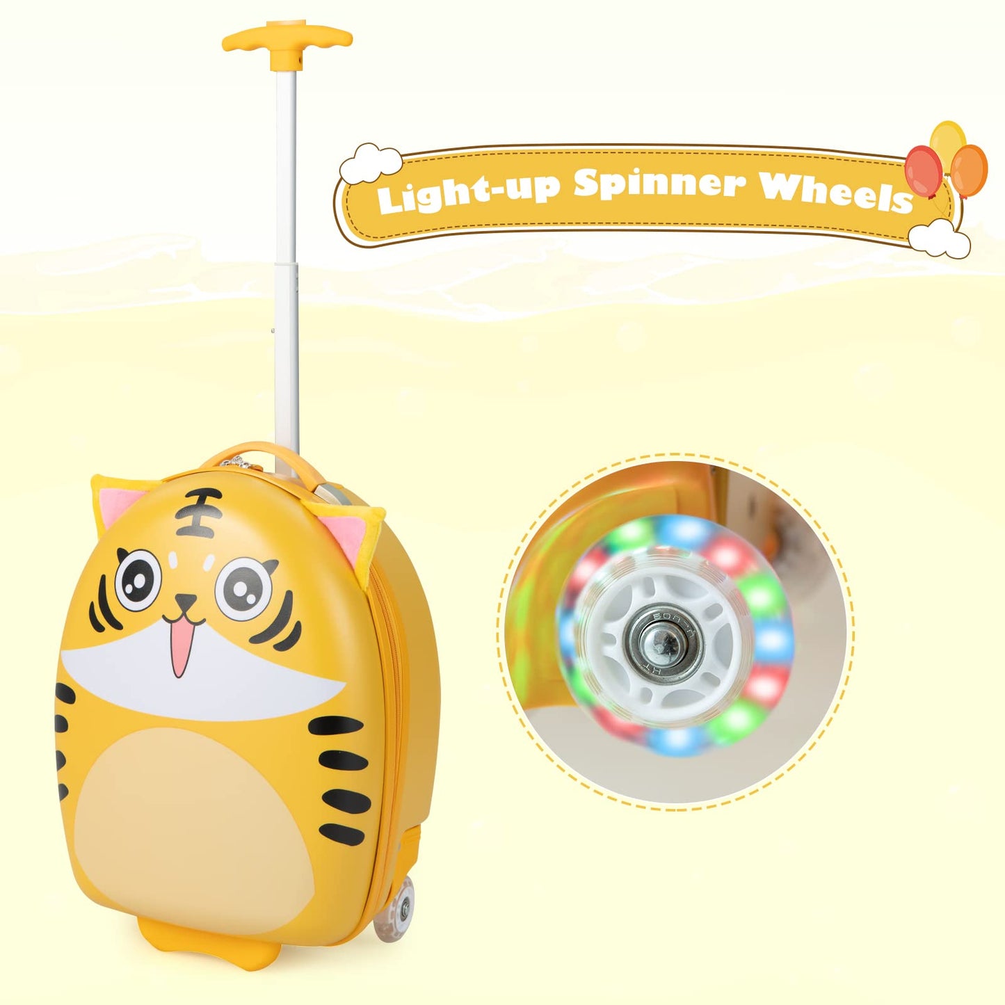 Kids Luggage, 16'' Children Cabin Suitcase with Light-up Wheels and Telescopic Handle (Yellow Tiger)