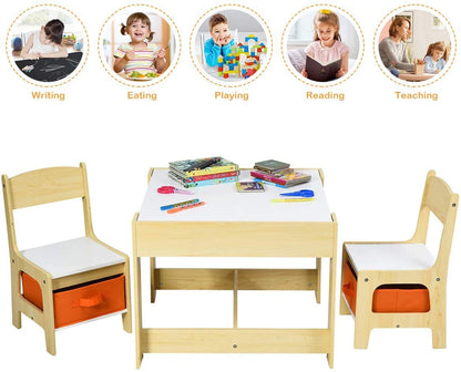 Kids Table Chair Set, Double Side Tabletop Table and 2Pcs Chairs with Storage Box