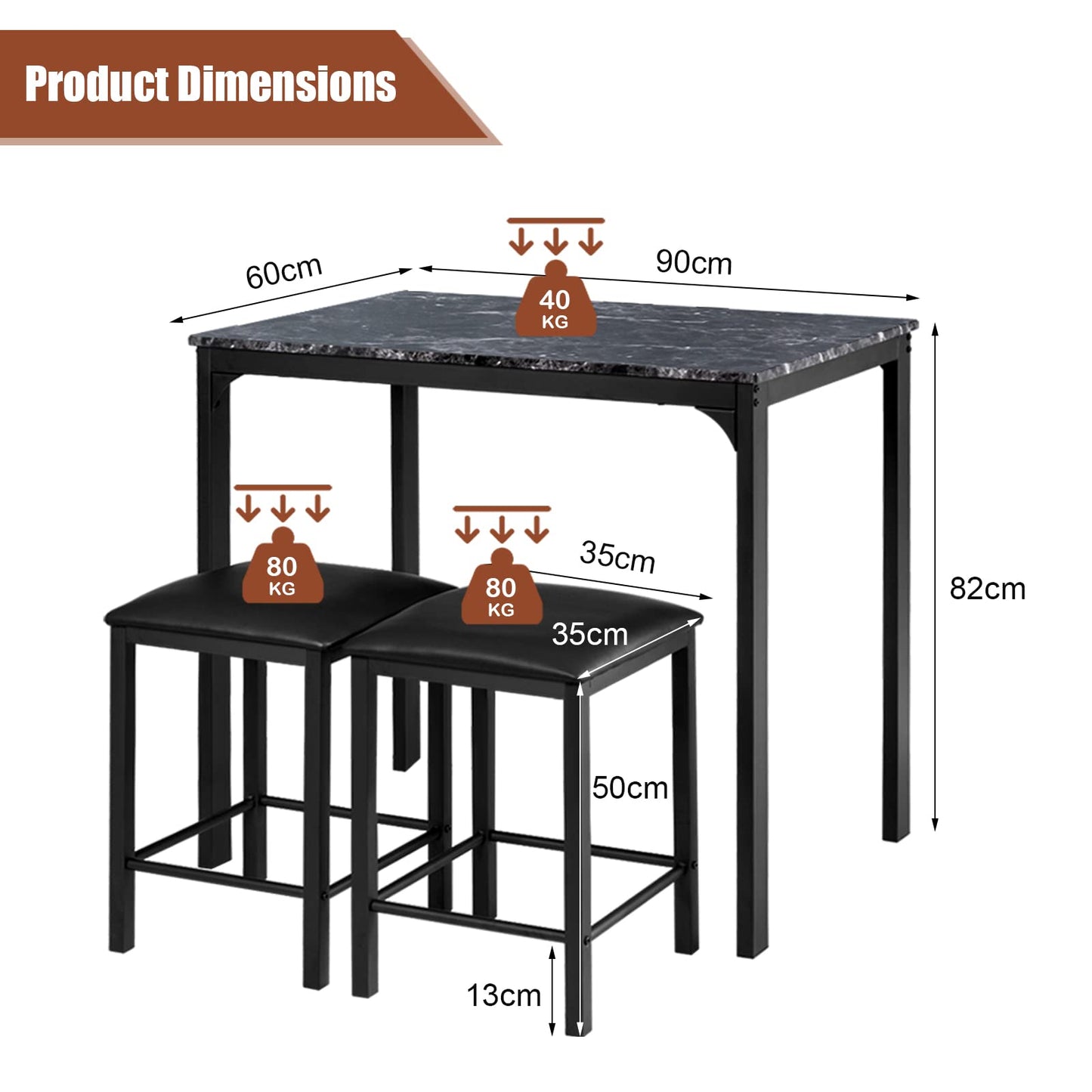 GiantexUK Dining Table Set, Kitchen Counter Table Bar Table and Stools Set with PU Leather Pad