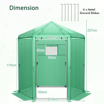 GiantexUK Walk In Greenhouse, 214x183x227cm Galvanised Steel Frame Hexagon Growhouse with Waterproof PE Cover, Roll-up Mesh Window & Door