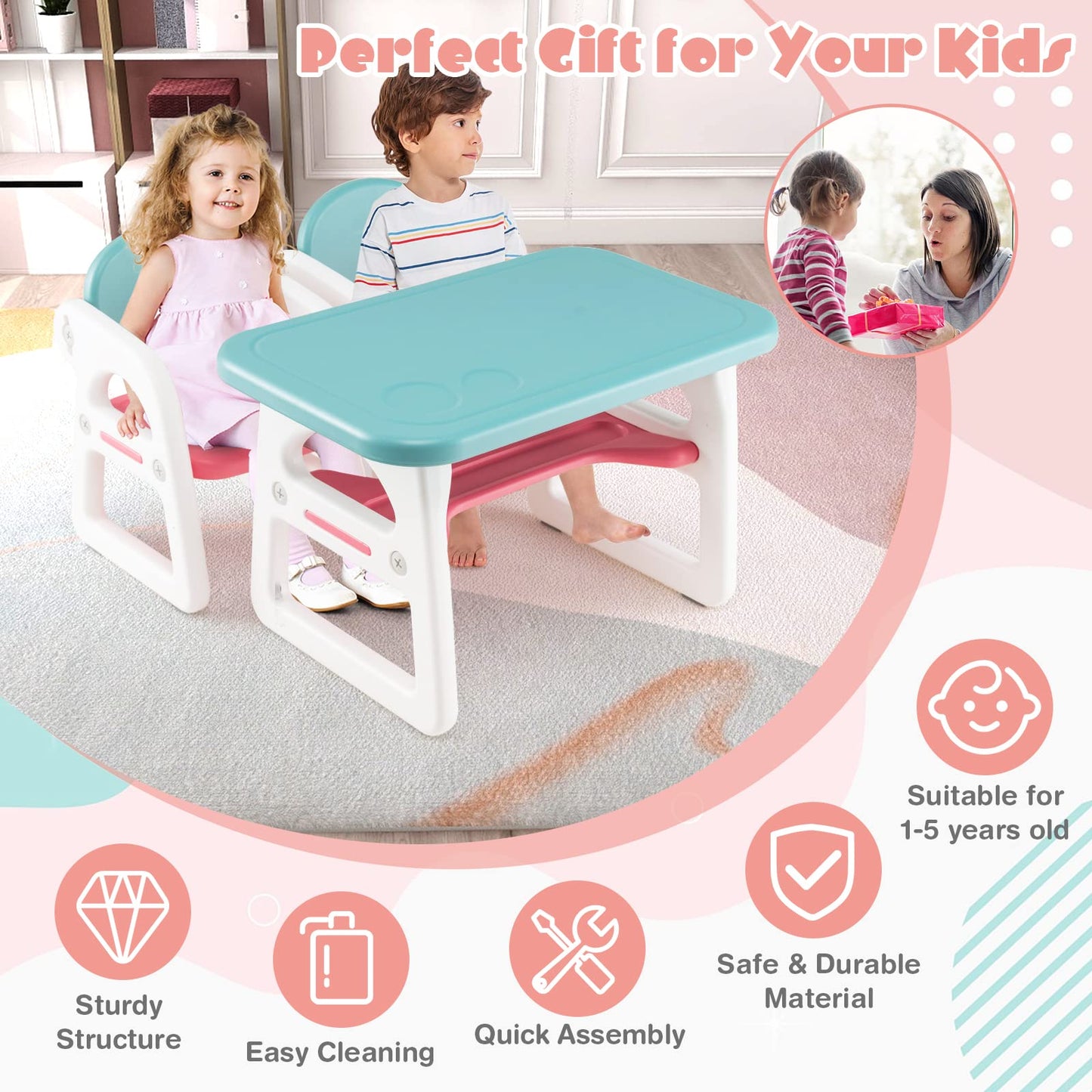 Toddler Table and Chairs Set, Plactic Children Activity Table with Storage Rack