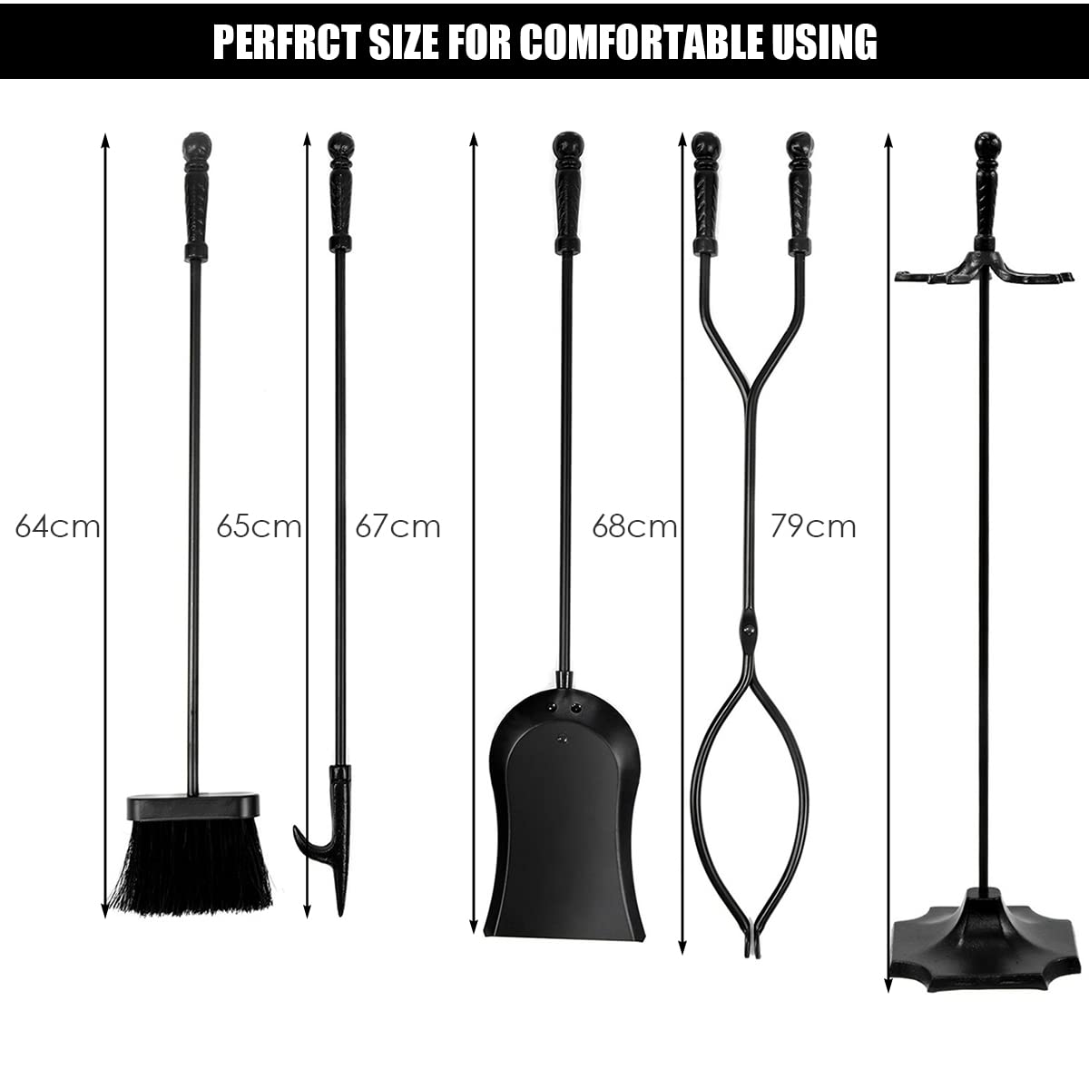 GiantexUK 5-Piece Fireplace Companion Set, Wrought Iron Fire Place Tools Set (Black, 5 Hooks, Octagonal Base)