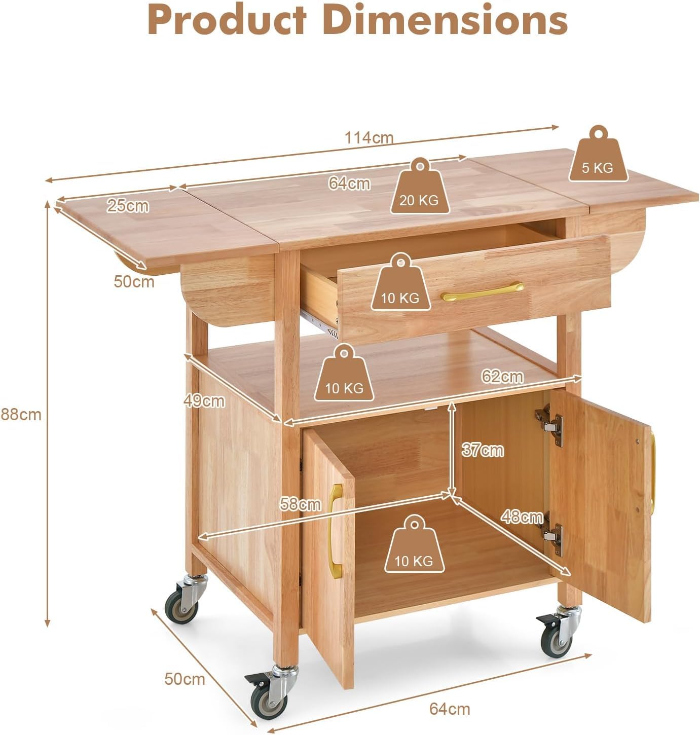 GiantexUK Kitchen Island on Wheels, Rolling Serving Trolley with Large Drawer, Open Shelf