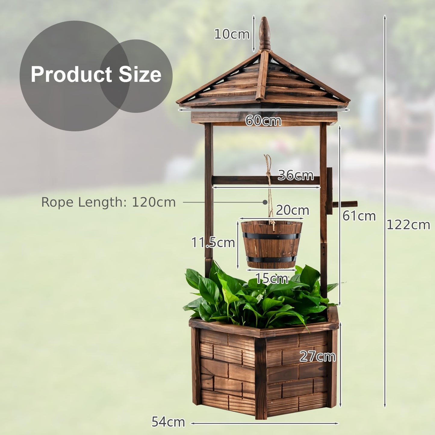 GiantexUK Wooden Wishing Well Planter, Garden Feature Flower Pot with Adjustable Hanging Bucket & Drainage Hole, 60 x 60 x 122cm