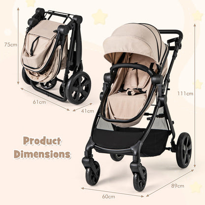 2 in 1 Baby Pushchair, Foldable Travel System Pram with Reversible Seat, Adjustable Canopy & Handle