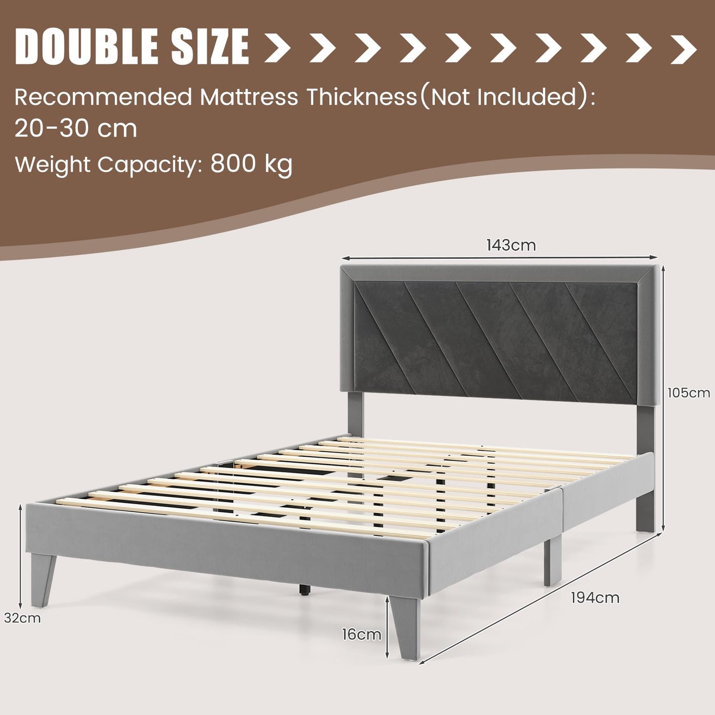 3FT/4FT6 Bed Frame, Single/Double Velvet Upholstered Platform Bed with Headboard,