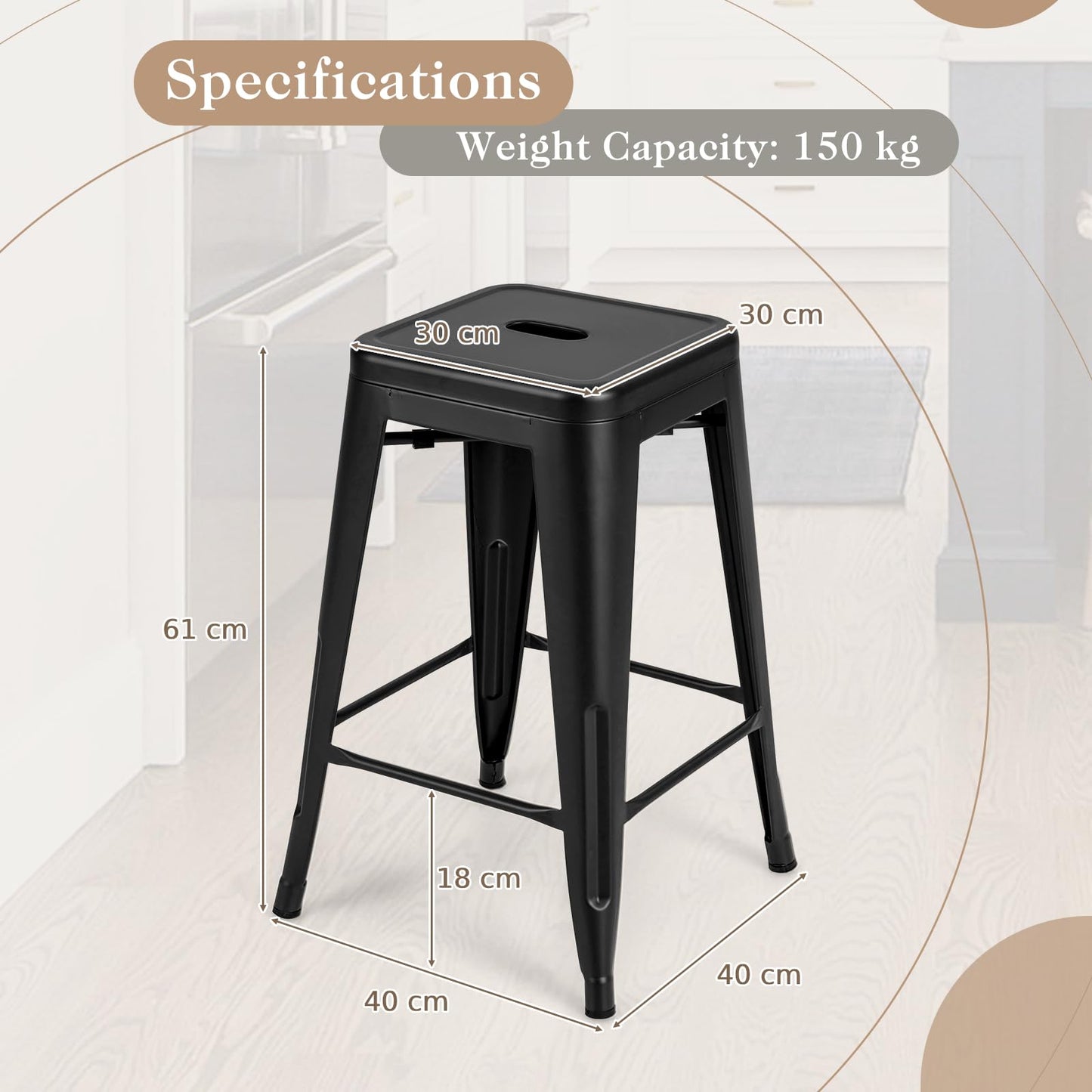 GiantexUK Bar Stools Set of 4, 61CM Seat Height Stackable Metal Kitchen Chairs with Handles (61CM High without Back)