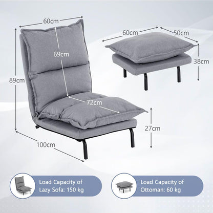 Lounge Sofa Chair with Ottoman, 6-Positon Adjustable Chaise Lounge Recliner with Detachable Cushion