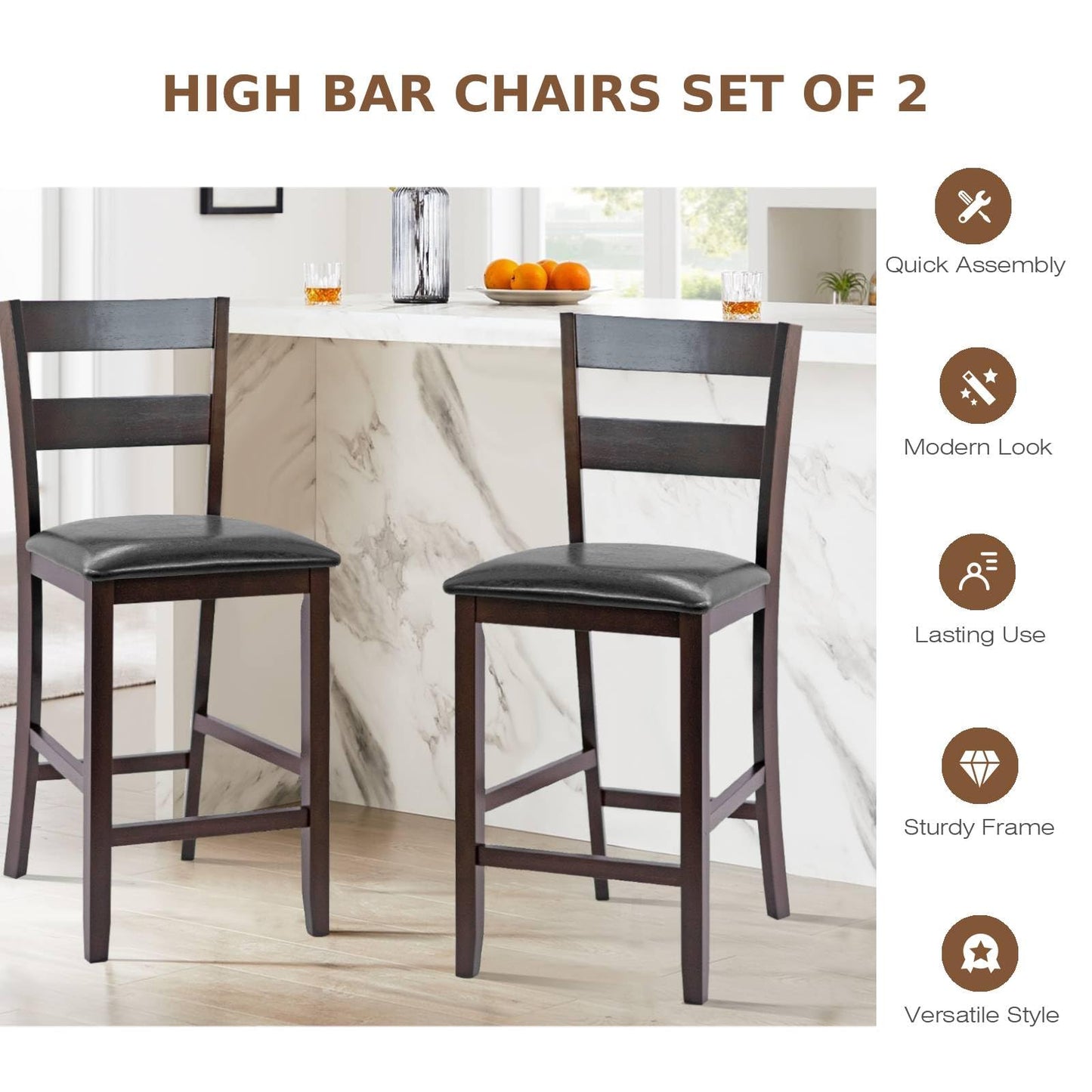 GiantexUK Bar Stools Set of 2, Upholstered PU Leather Kitchen Bar Chairs with Back Support & Footrest