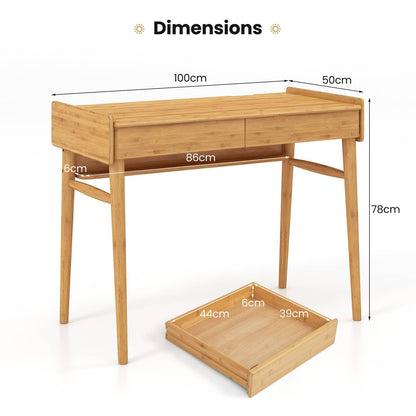 Bamboo Computer Desk, 100cm Study Table Writing Workstation with 2 Storage Drawers