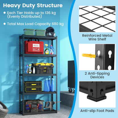 GiantexUK 5 Tier Garage Shelving Unit, Heavy Duty Adjustable Metal Shelves with Anti-tipping Device, 90x29x183cm