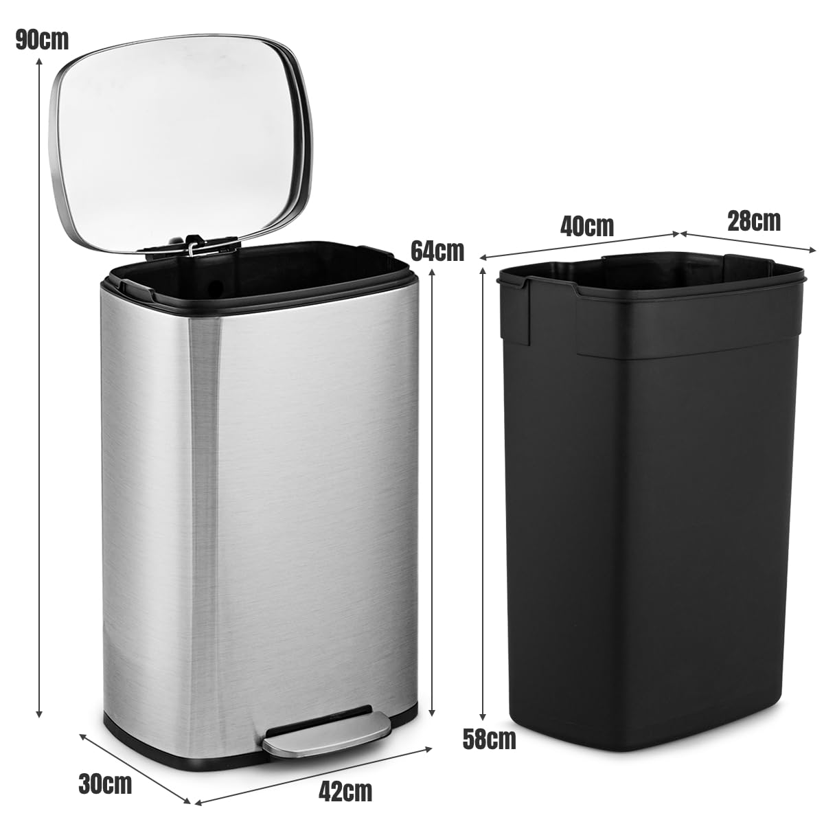 GiantexUK 50L Recycling Pedal Bin, Stainless Steel Rectangular Trash Bin, without Deodorant Box, Silver