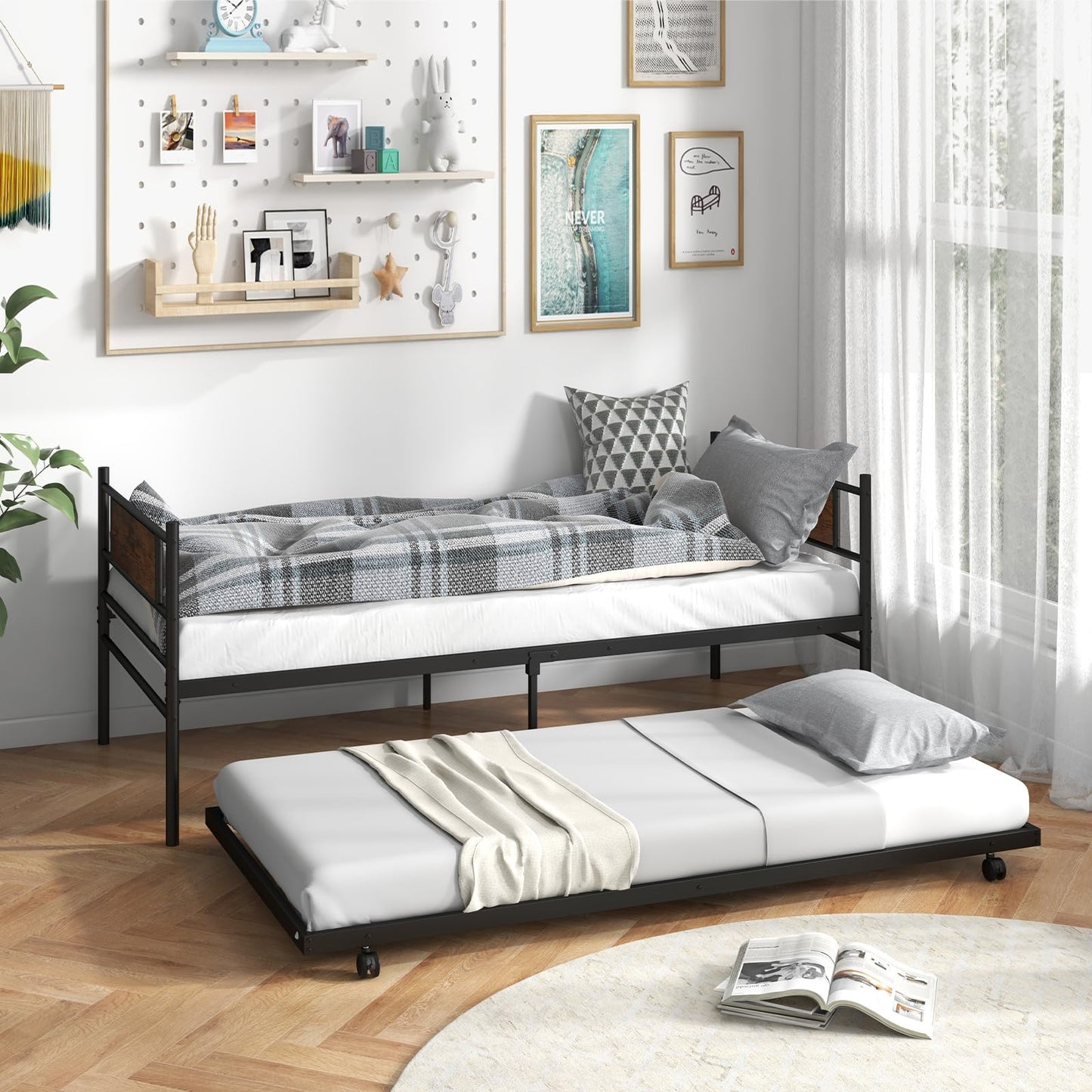 3FT Metal Day Bed with Trundle, Single Bed Frame with Pull-out Bed