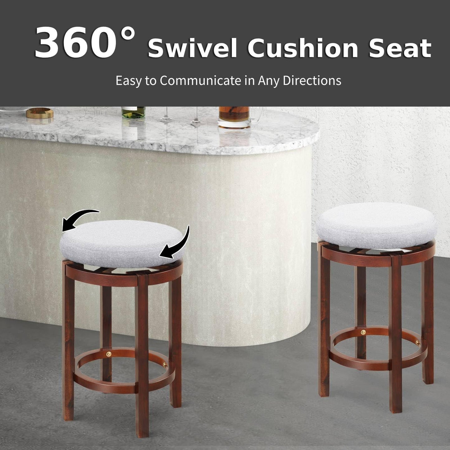 GiantexUK Bar Stools Set of 2/4, Upholstered Swivel Kitchen Barstools with Padded Cushion, Rubber Wood Legs & Footrest