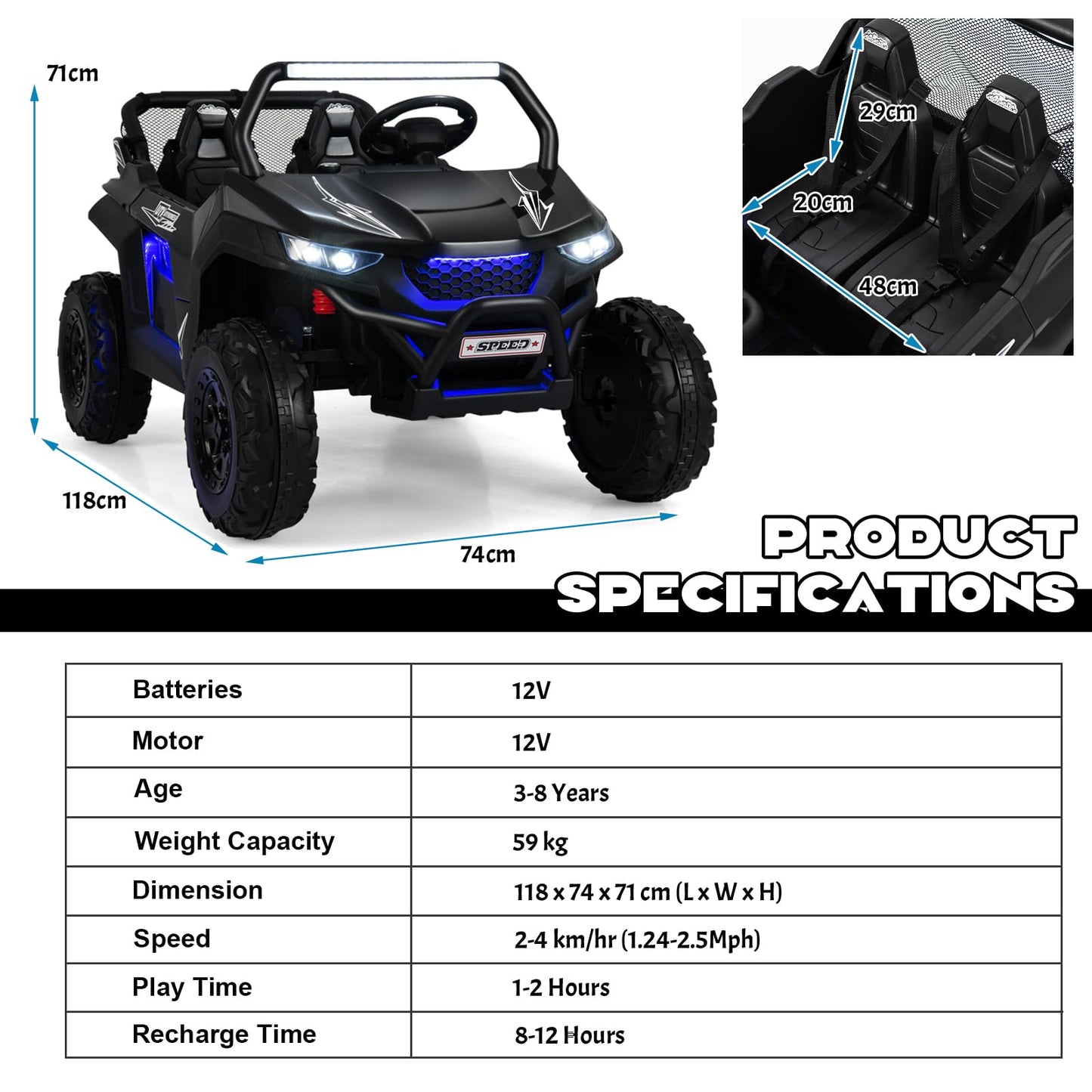 12V Kids Electric Ride On UTV, 2-Seater Battery Powered Off-road Truck with Remote Control, Bluetooth, LED Light, Music, MP3/USB/FM