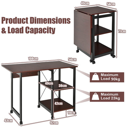 Folding Computer Desk, 2-In-1 Mobile PC Laptop Table with Rolling Wheels (Brown, 108 x 54 x 77cm)