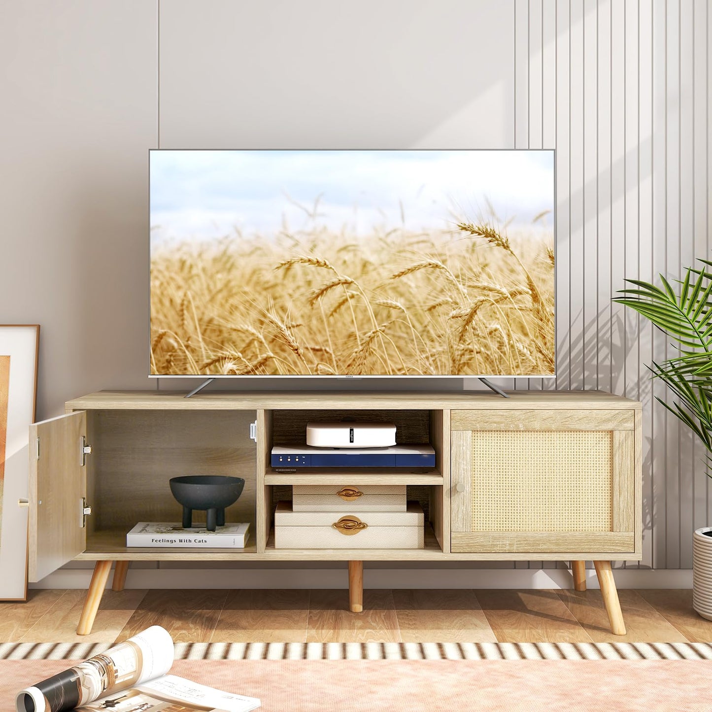 TV Stand for TVs up to 55", Wooden TV Cabinet Media Entertainment Center with 2 Rattan Effect Doors and Open Storage Shelves