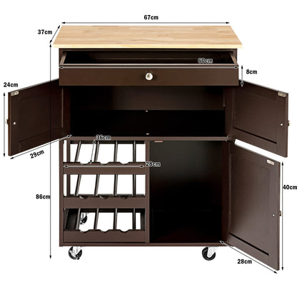 GiantexUK Kitchen Storage Trolley on Wheels, Rolling Serving Island Cart with Drawer and Wine Racks