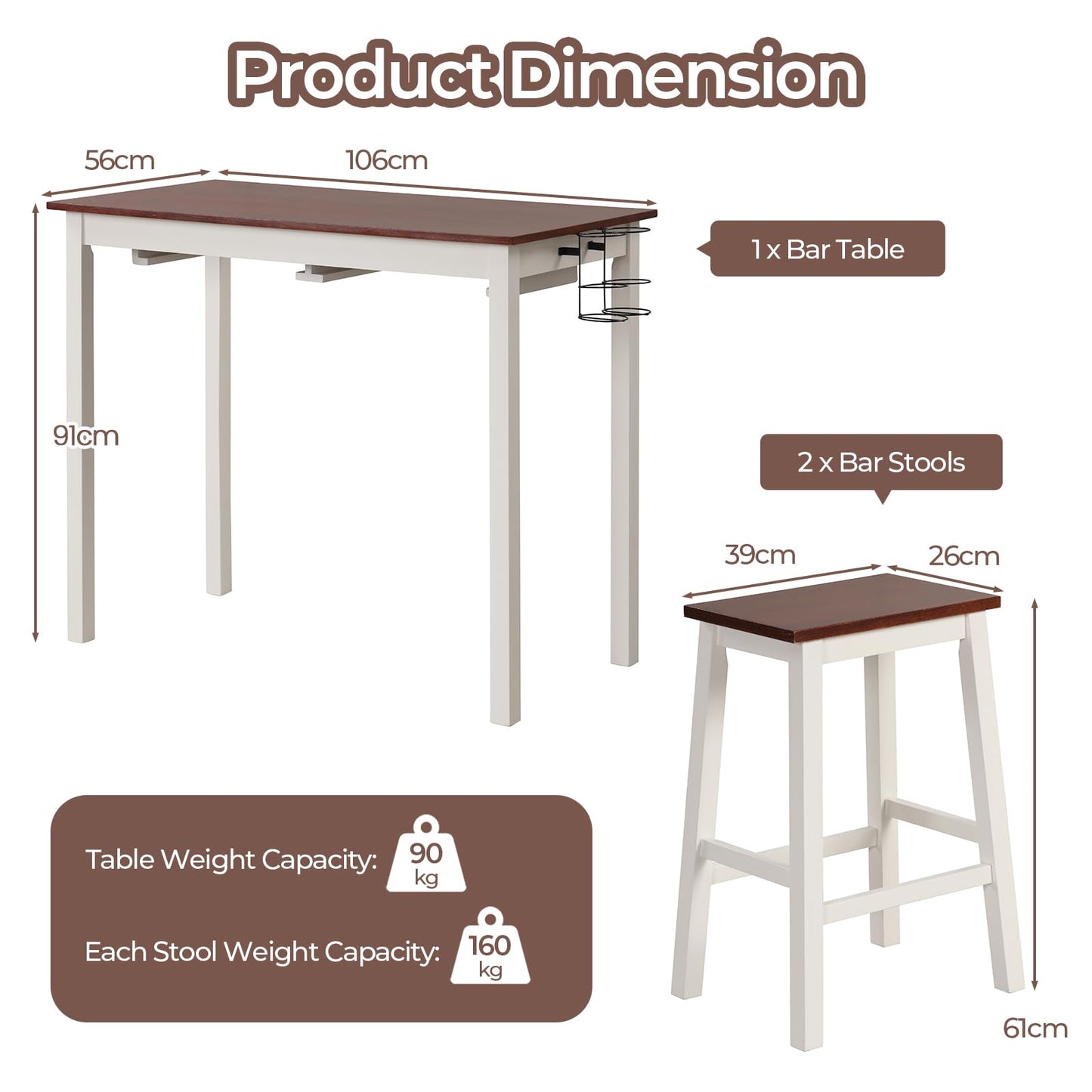 GiantexUK 3-Piece Bar Table Set, Space-Saving Dining Room Table and Chairs with Footrest, (with Wine Holders, Flat Seat)