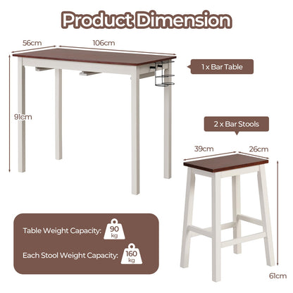 GiantexUK 3-Piece Bar Table Set, Space-Saving Dining Room Table and Chairs with Footrest, (with Wine Holders, Flat Seat)